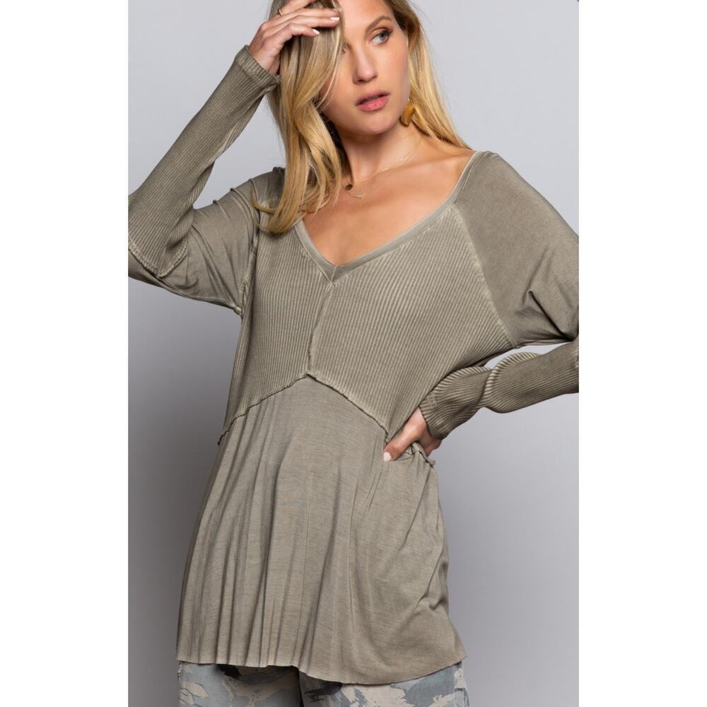New Without Tags Light Pol Oversized Wash Rib Stretchy Long Sleeve Top Sz S